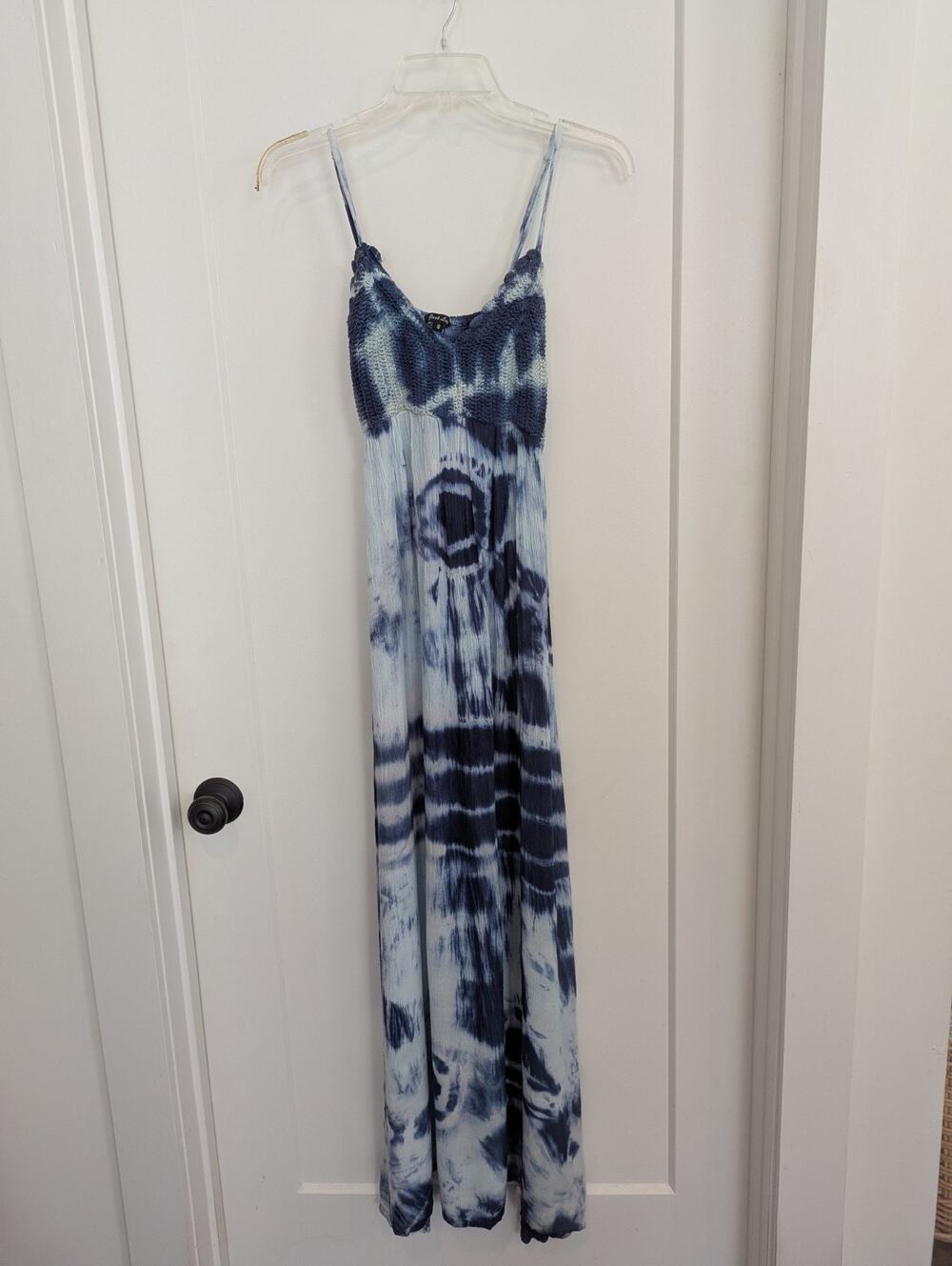 Womens Small Maxi Sundress Blue Tie Dye Crochet Gauze~Just Love Beachy Nautical